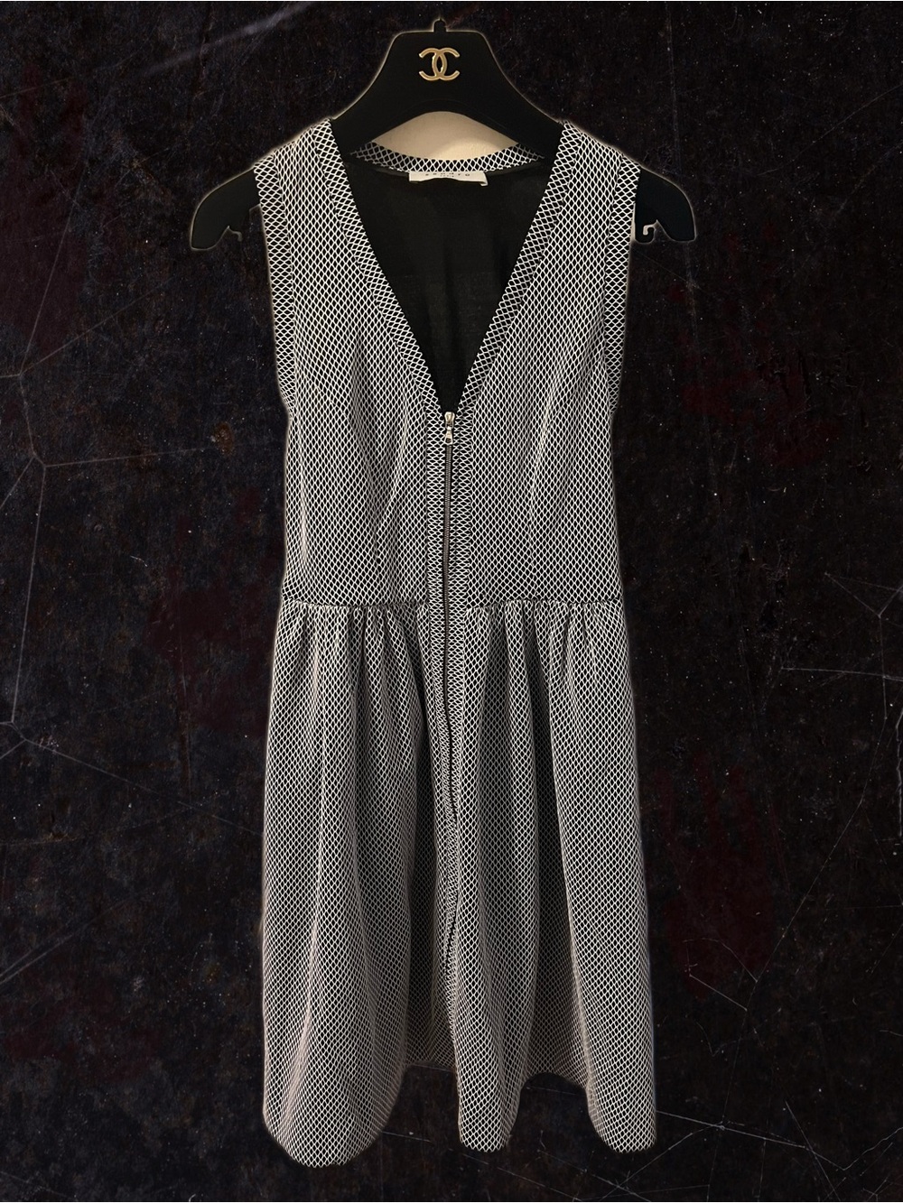Sandro Black and White Sleeveless V-Neck Zip Dress
